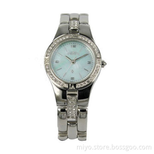 2014 Women's watch in round case with stones and quality SS bracelet, MOP dial, Japan movement
